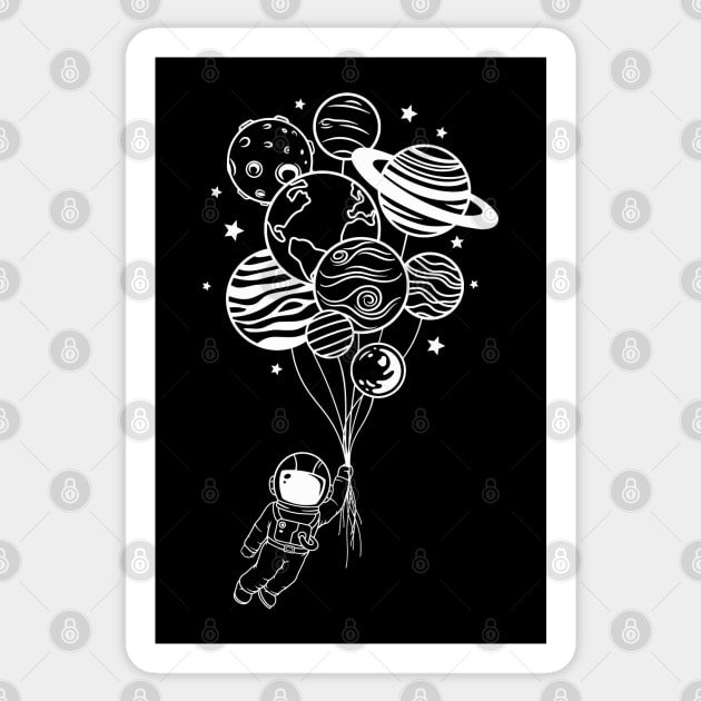 Astronaut Flying with Planet Balloons Sticker by Lite Style Designs